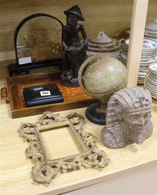 A quantity of mixed collectables including a globe and a bust of a Pharaoh